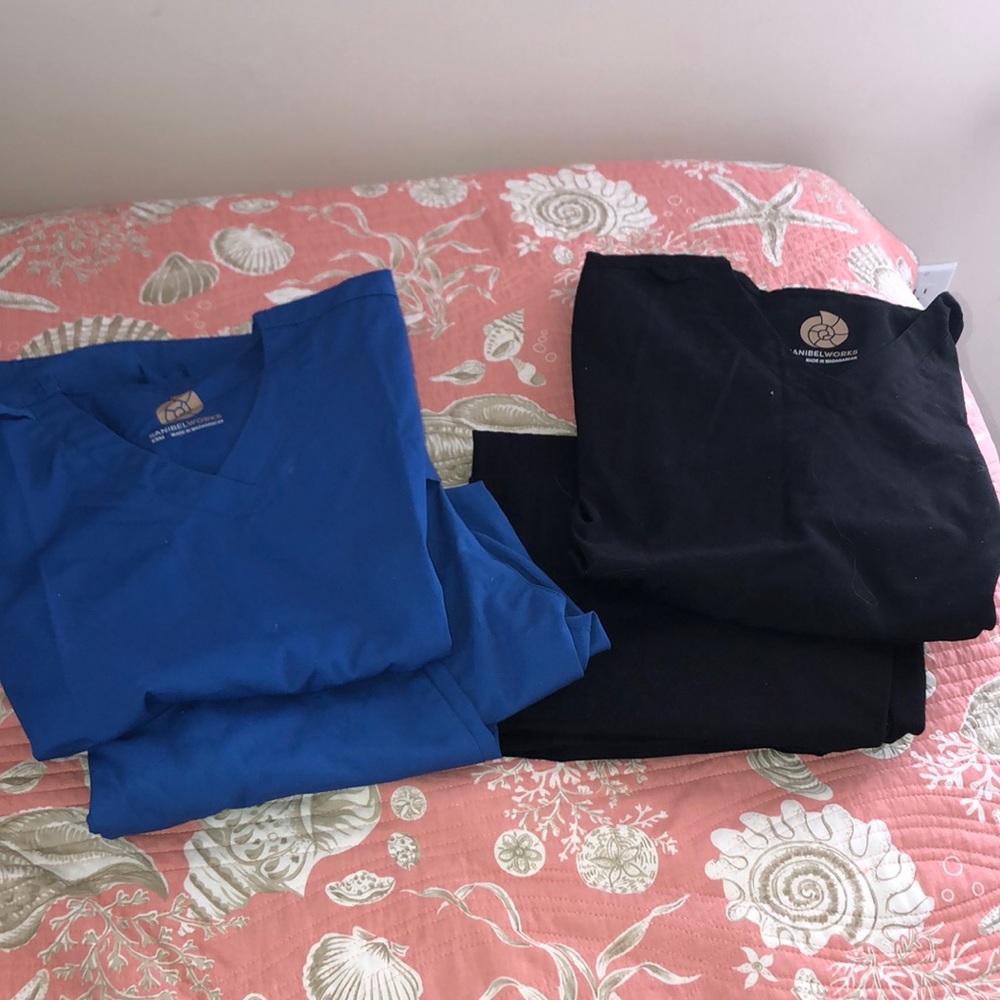 blue shirt, black shirt AND pants
